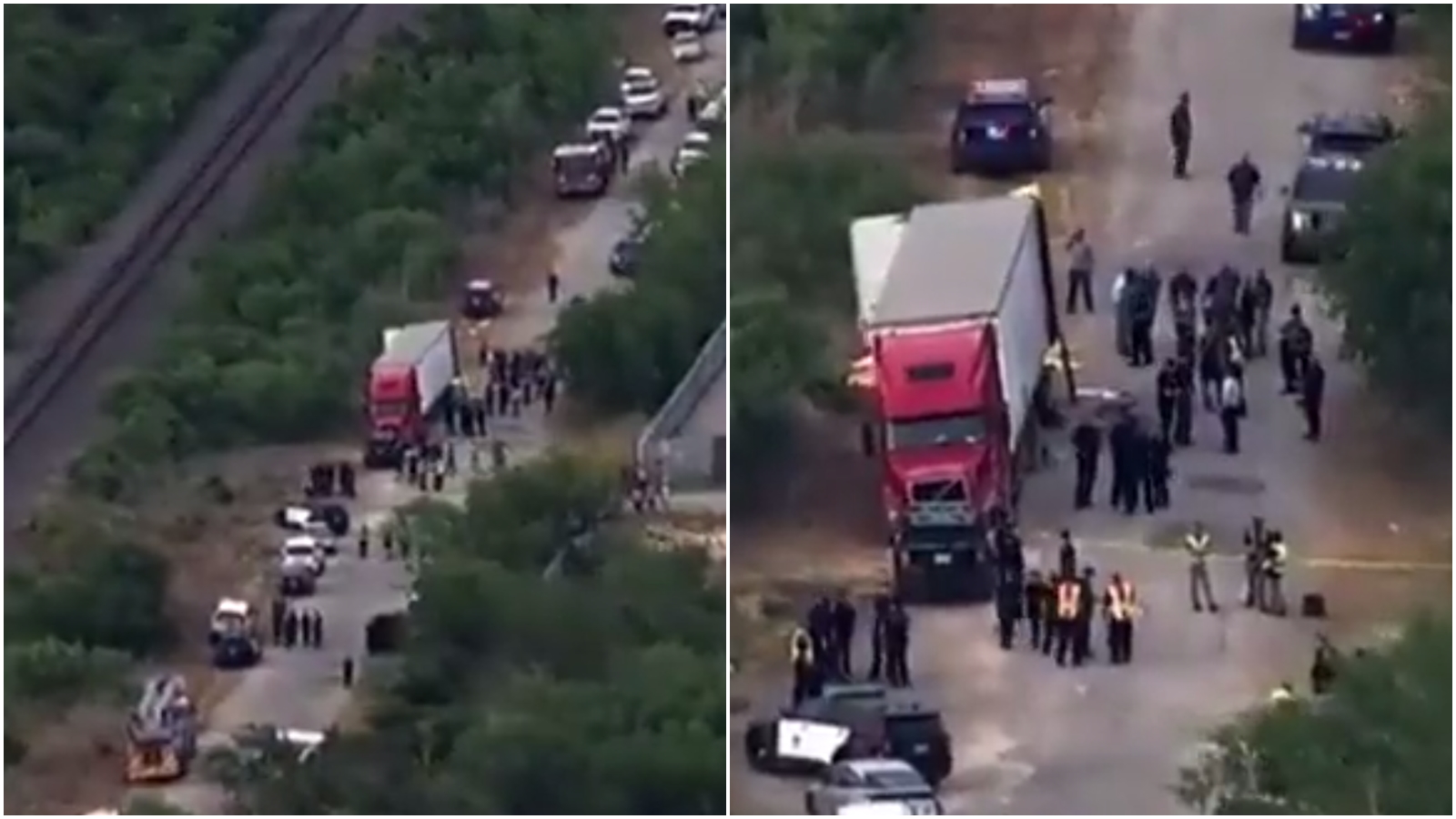 聖安東尼奧市偏遠地區的路上發現一輛載滿非法移民的貨櫃車,結果發現至少46名屍體。(翻攝自Mariano Riva Palacio推特)