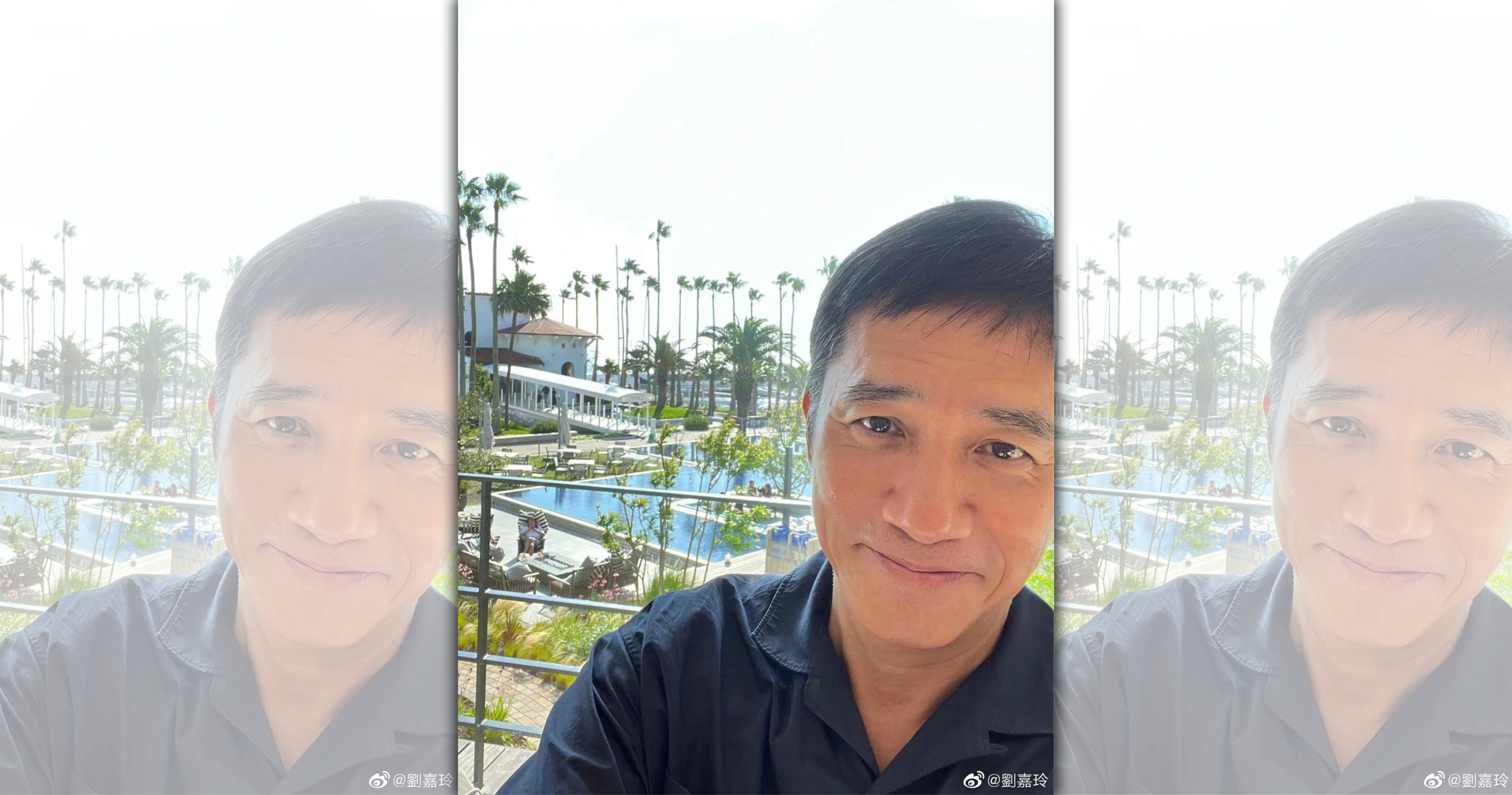 梁朝偉昨歡度60歲生日，老婆劉嘉玲曬出老公自拍照為他慶生。（翻攝自劉嘉玲微博）