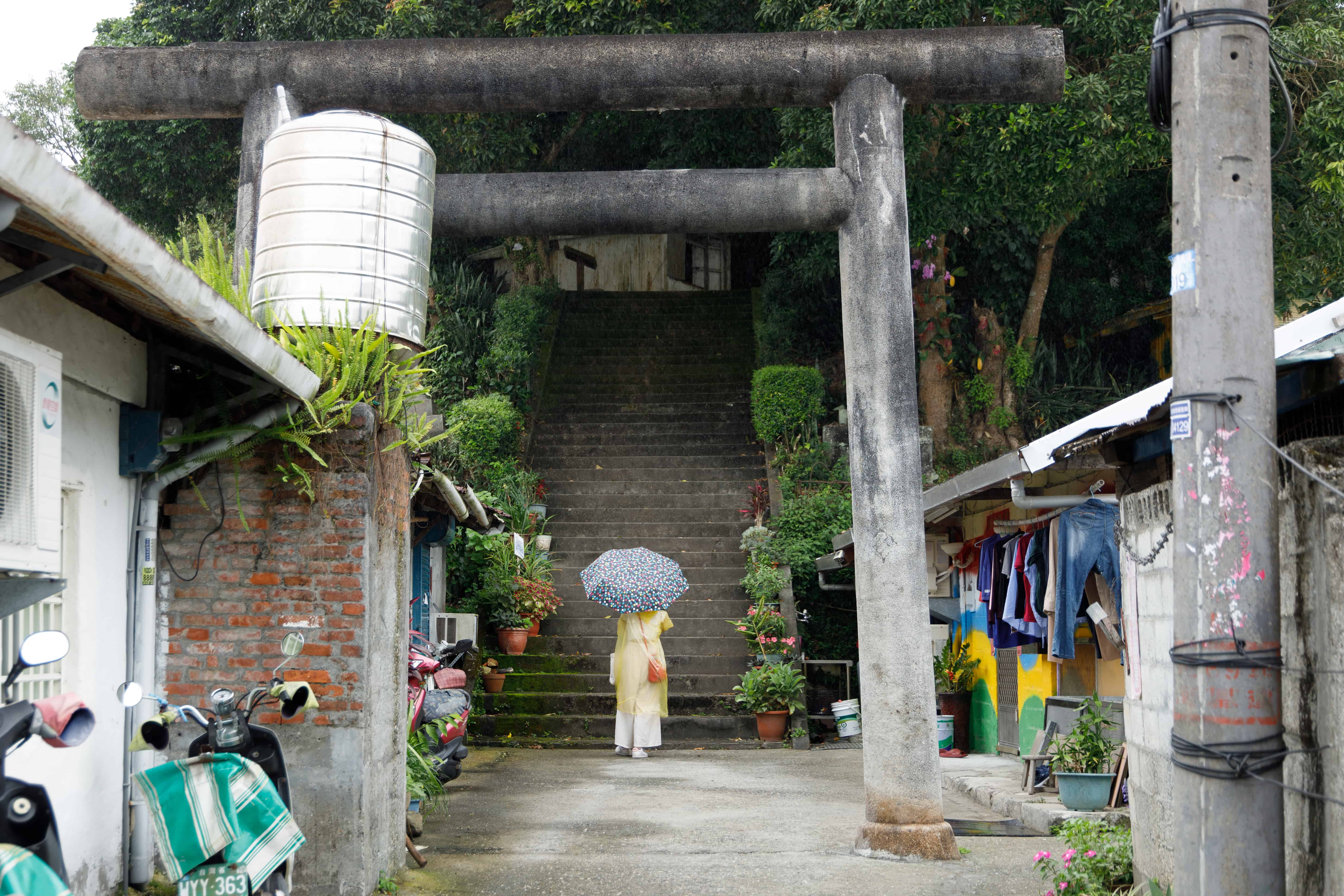 站在鳥居下仰望被高聳樹木遮蓋的階梯,讓「玉里神社」多添一抹神祕色彩。