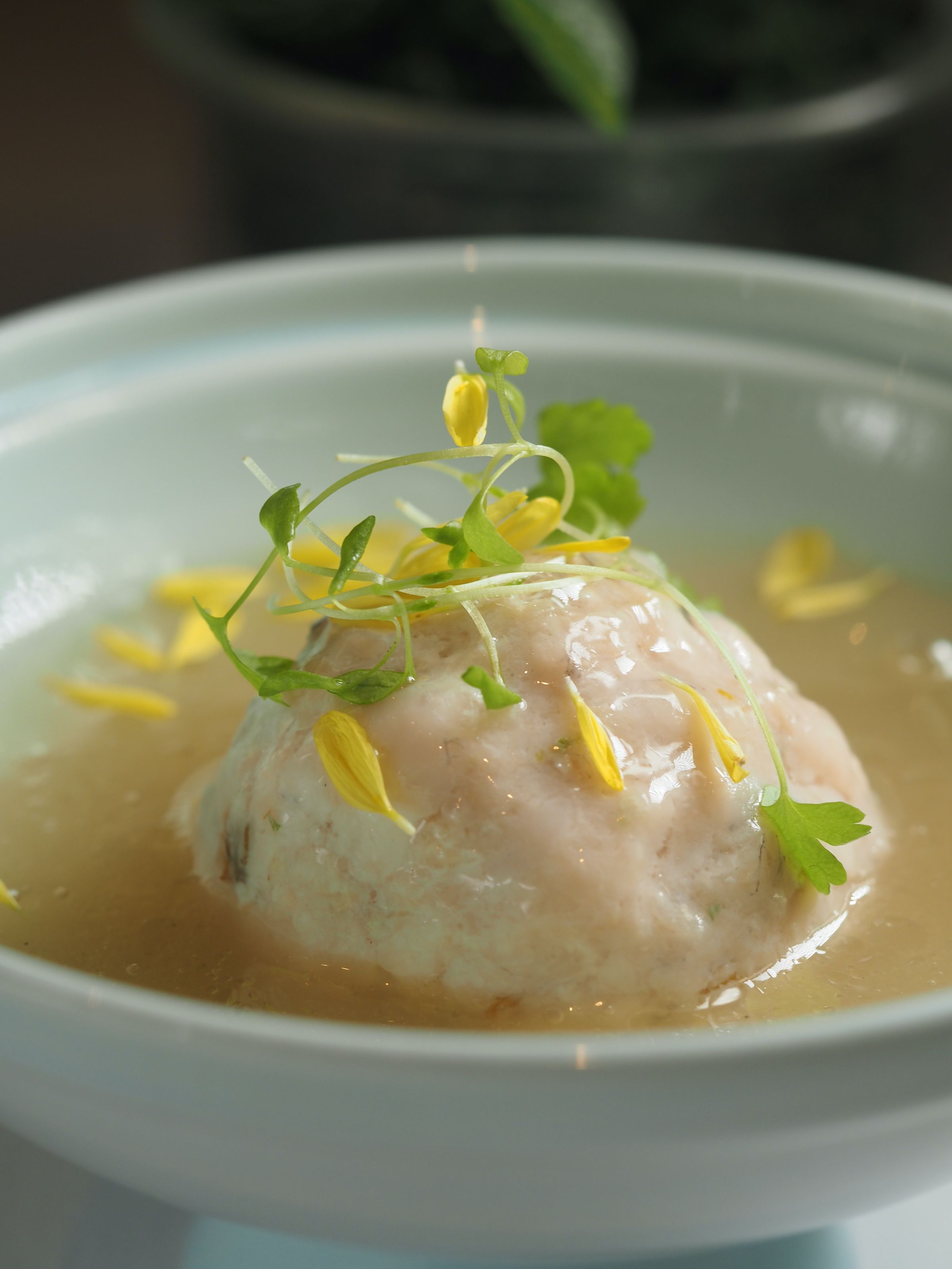 「高山杭菊魚獅頭」把食用菊花拌入魚肉丸子，清新花香帶來祛暑涼意。（560元／單點）