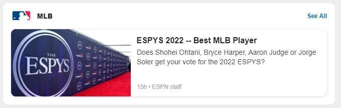 大谷翔平入選ESPY年度最佳MLB選手及年度最佳男選手。（翻攝自ESPN官網）