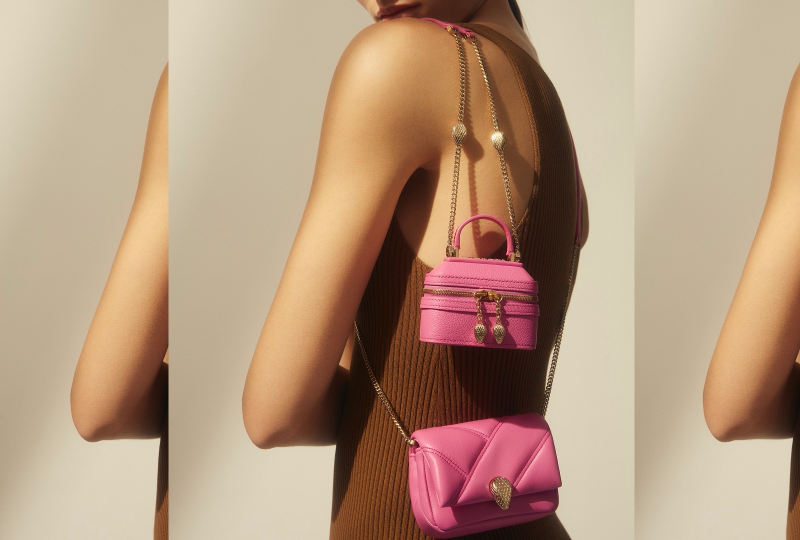 （圖下）SERPENTI CABOCHON杜鵑石英色小牛皮迷你肩背包。NT$28,700元（寶格麗提供）