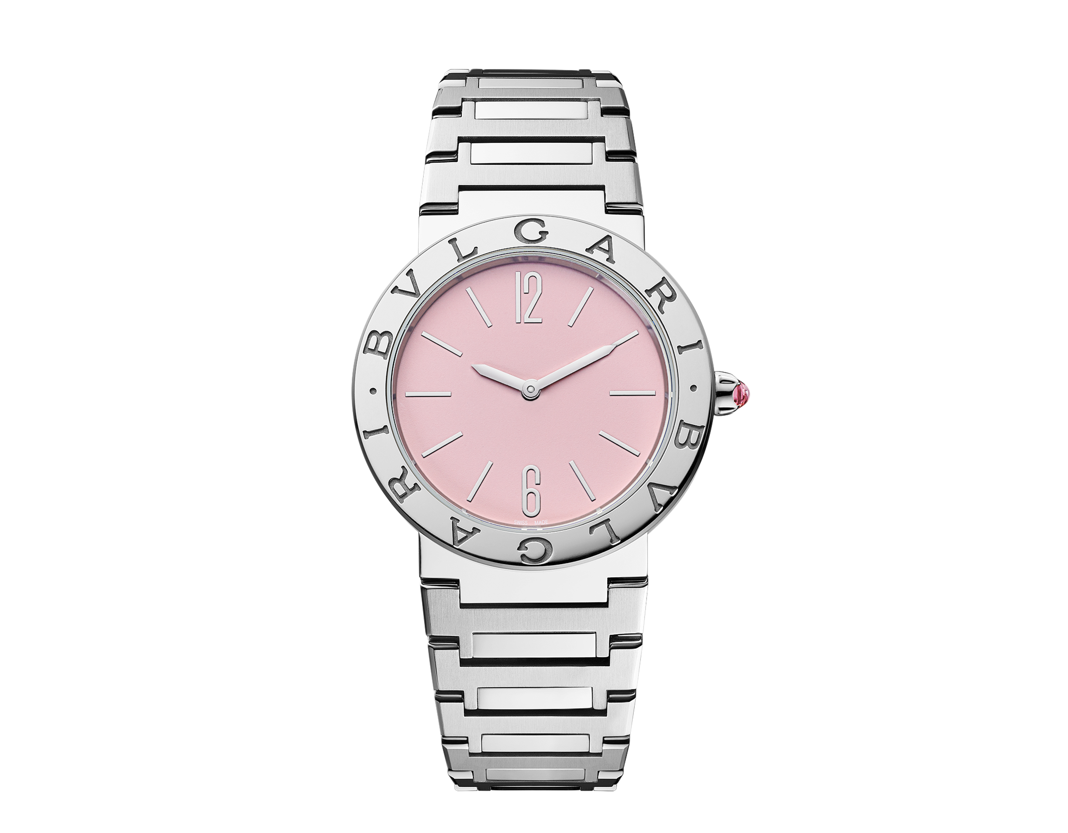 BVLGARI BVLGARI LADY大中華區限定粉色面盤精鋼腕錶。NT$114,000(寶格麗提供)