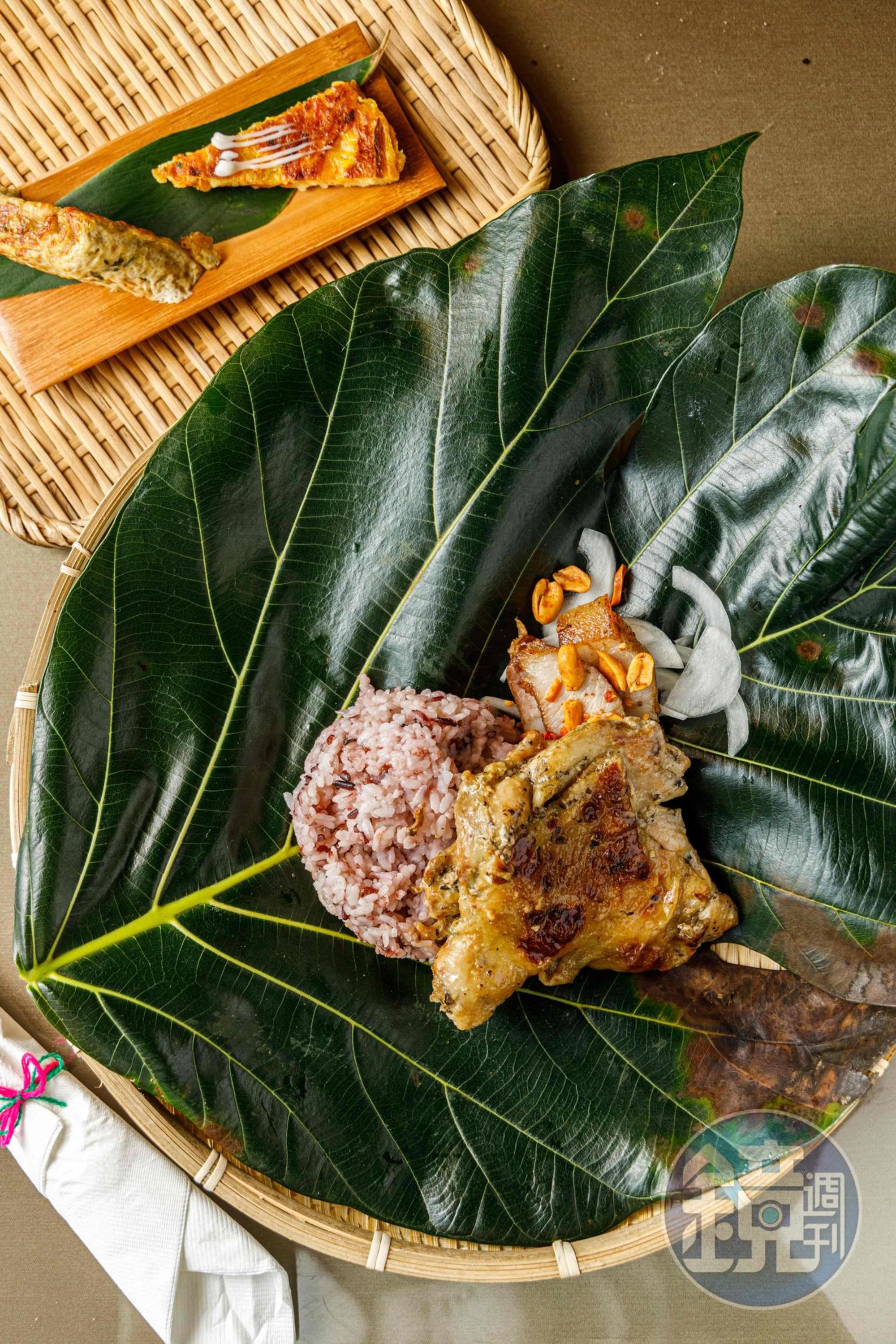 「酒釀馬告雞排」肉質軟嫩,「鹹豬肉」邊角酥脆油潤,辛香十足。(400元套餐菜色)
