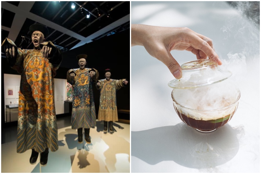 南美館「亞洲的地獄與幽魂展」推出期間限定飲品「孟婆湯」，吸引網友目光。（翻攝自臺南市美術館 Tainan Art Museum、南美春室The POOL臉書）