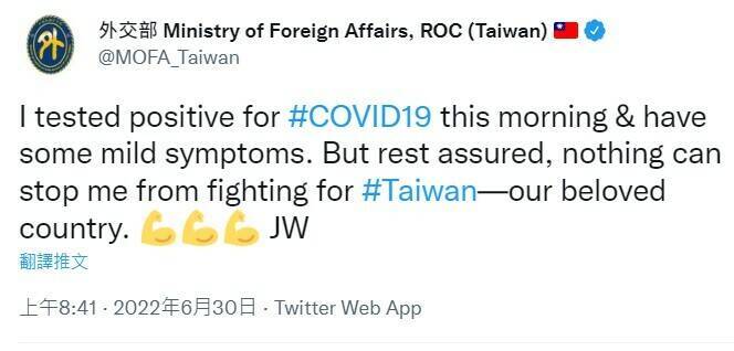 吳釗燮上午自爆快篩陽確診。（翻攝自推特）