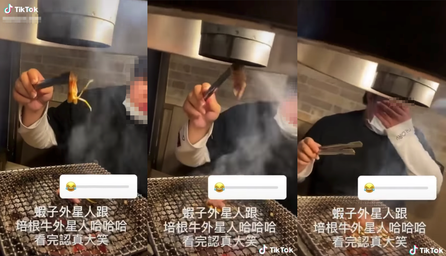 抖音影片中男子故意將蝦頭和肉片夾至吸風口，任由食物被油煙靜電機吸入，最後還摀嘴睜眼表演驚呆貌。（翻攝臉書社團「爆廢公社」）