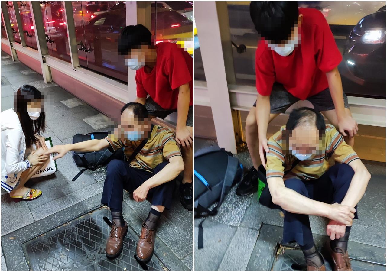 有位女網友po文表示,自己在公車站前目擊有位阿伯連續暈倒,她與其他2人立刻上前關心、陪伴等待救護車。(翻攝自爆廢公社)