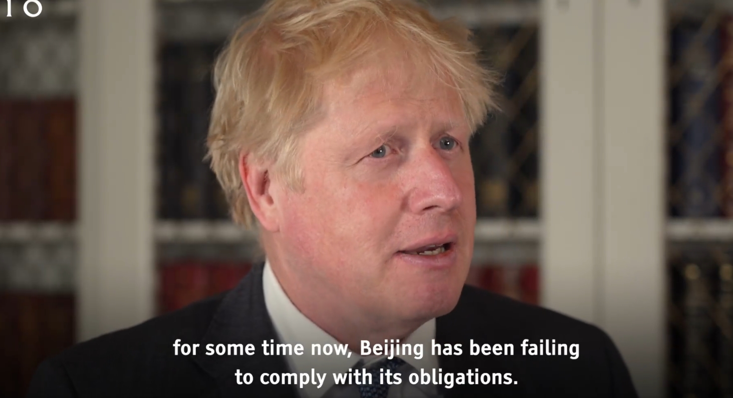 英國首相強生表示，中國未能遵守當年對香港實行一國兩制的承諾。（翻攝自臉書UK Prime Minister）