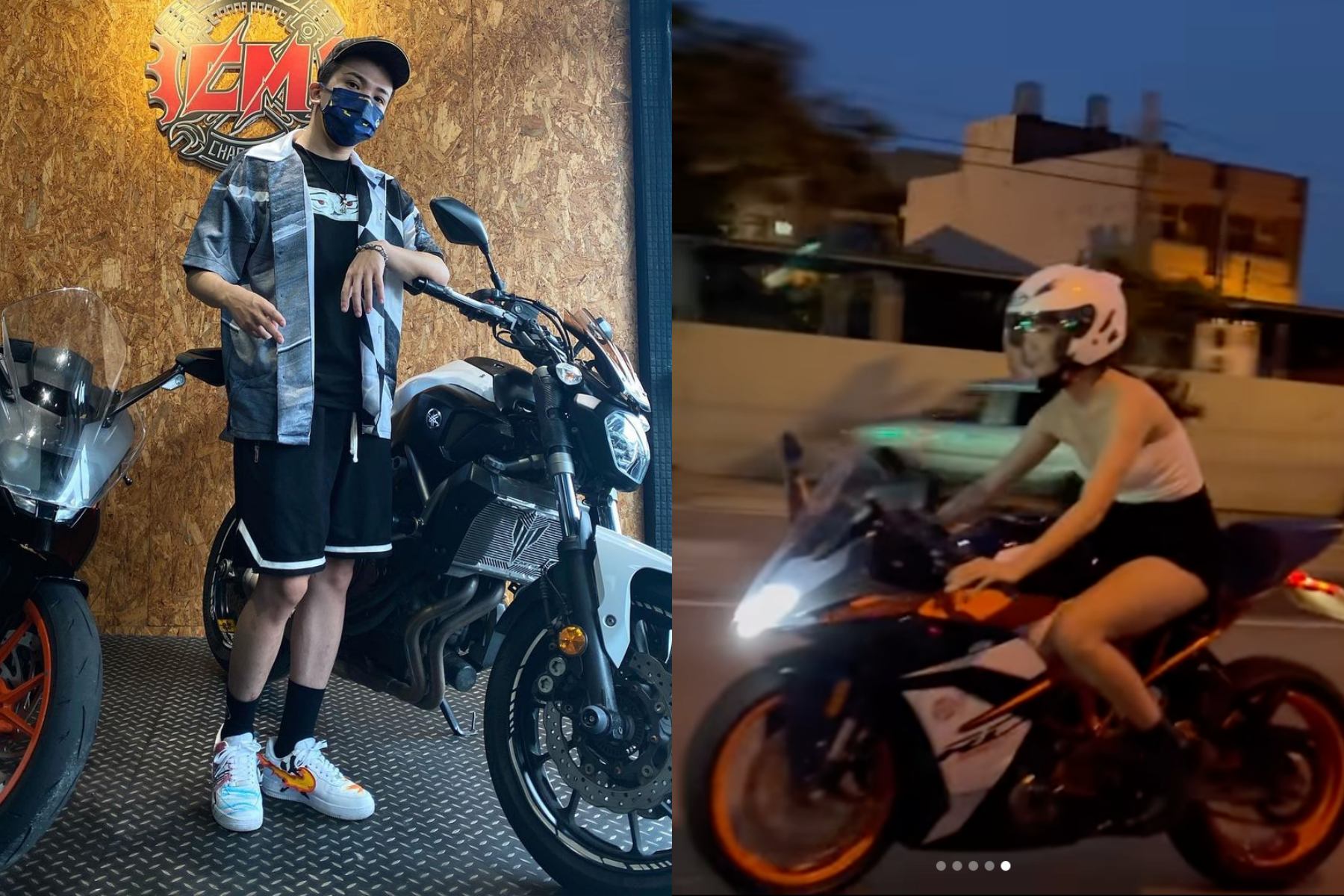 孫生（左）日前拍攝騎重機約會計畫，竟遇到合作的重機女「無照駕駛」讓他氣炸。右為孫生女友Wendy，非無照重機女。（翻攝自孫生IG）