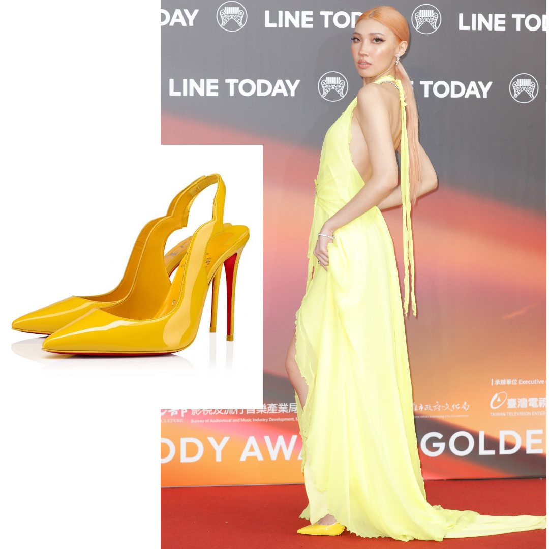 Karencici身著Blumarine鮮黃色透視雪紡蝴蝶洋裝（NT$97,800），搭配Christian Louboutin黃色露跟高跟鞋（NT$27,500），珠寶飾品出自Tiffany & Co.。