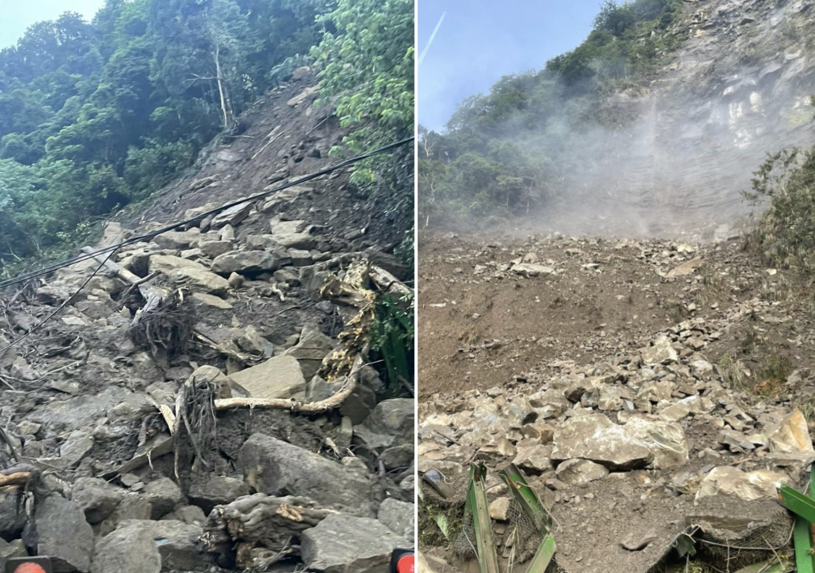 苗栗山區近日時有強降雨，繼昨（2）南庄鄉21線3.5公里處落石砸傷轎車駕駛，今（3）清晨再傳出12.3公里處發生大面積落石崩落。（翻攝楊文昌臉書）
