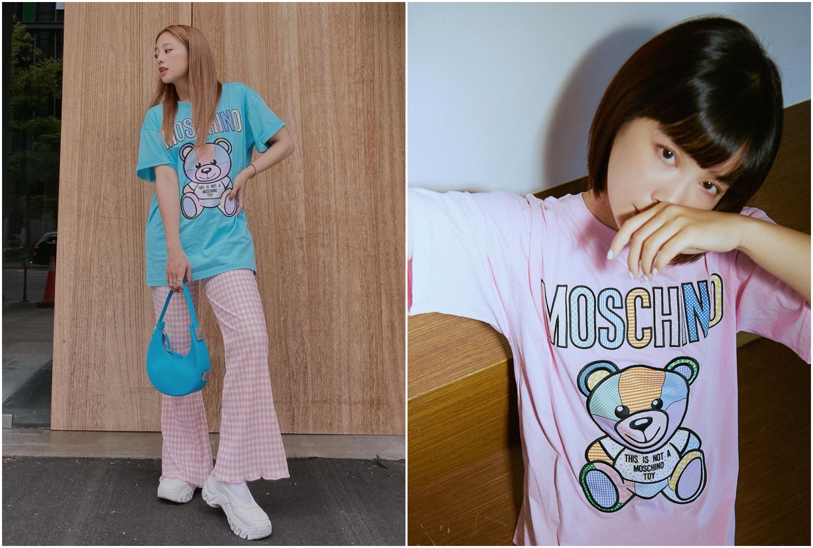 （左起）鬼鬼吳映潔身上的馬卡龍藍與李佳穎的粉色泰迪熊拼布T-shirt皆為NT$18,300。（翻攝自鬼鬼吳映潔、李佳穎IG）