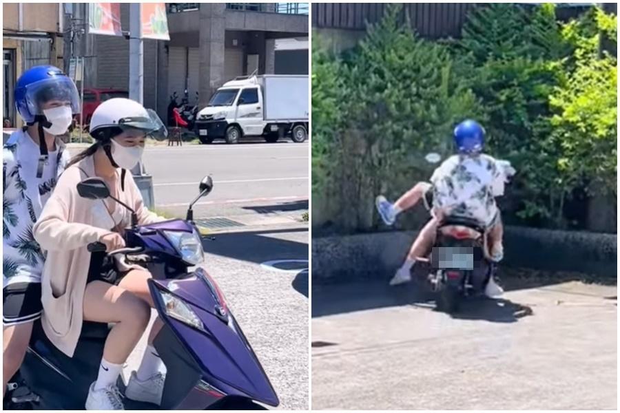 一名三寶妹學騎機車的短片吸引8萬多人觀看,引起網友熱議。(翻攝自爆廢公社)