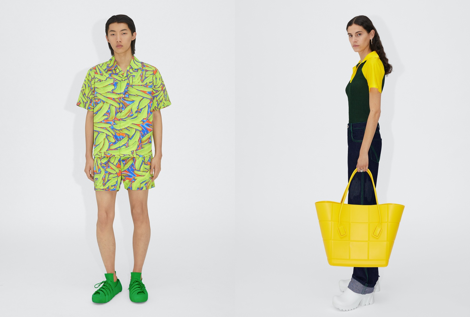 BV以舒適涼爽的綠色及黃色衍生成為各種色調，打造出Ready for Beach的海灘裝束。（BOTTEGA VENETA提供）
