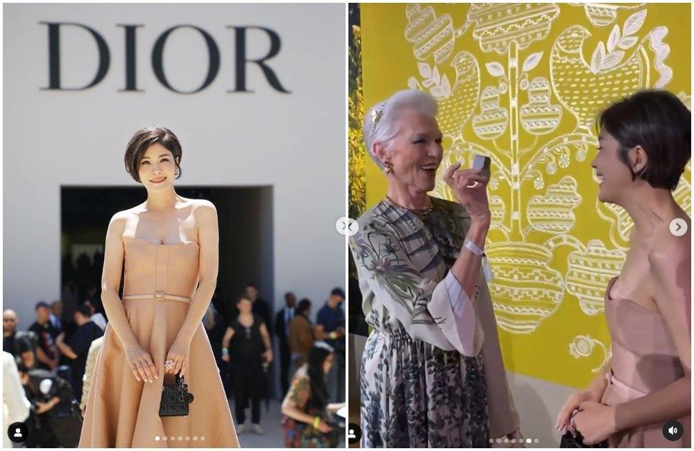 蔣雅淇在巴黎參加DIOR 2022秋冬高訂系列大秀,與馬斯克母親梅伊馬斯克(右圖)聊到台灣。(翻攝蔣雅淇IG)