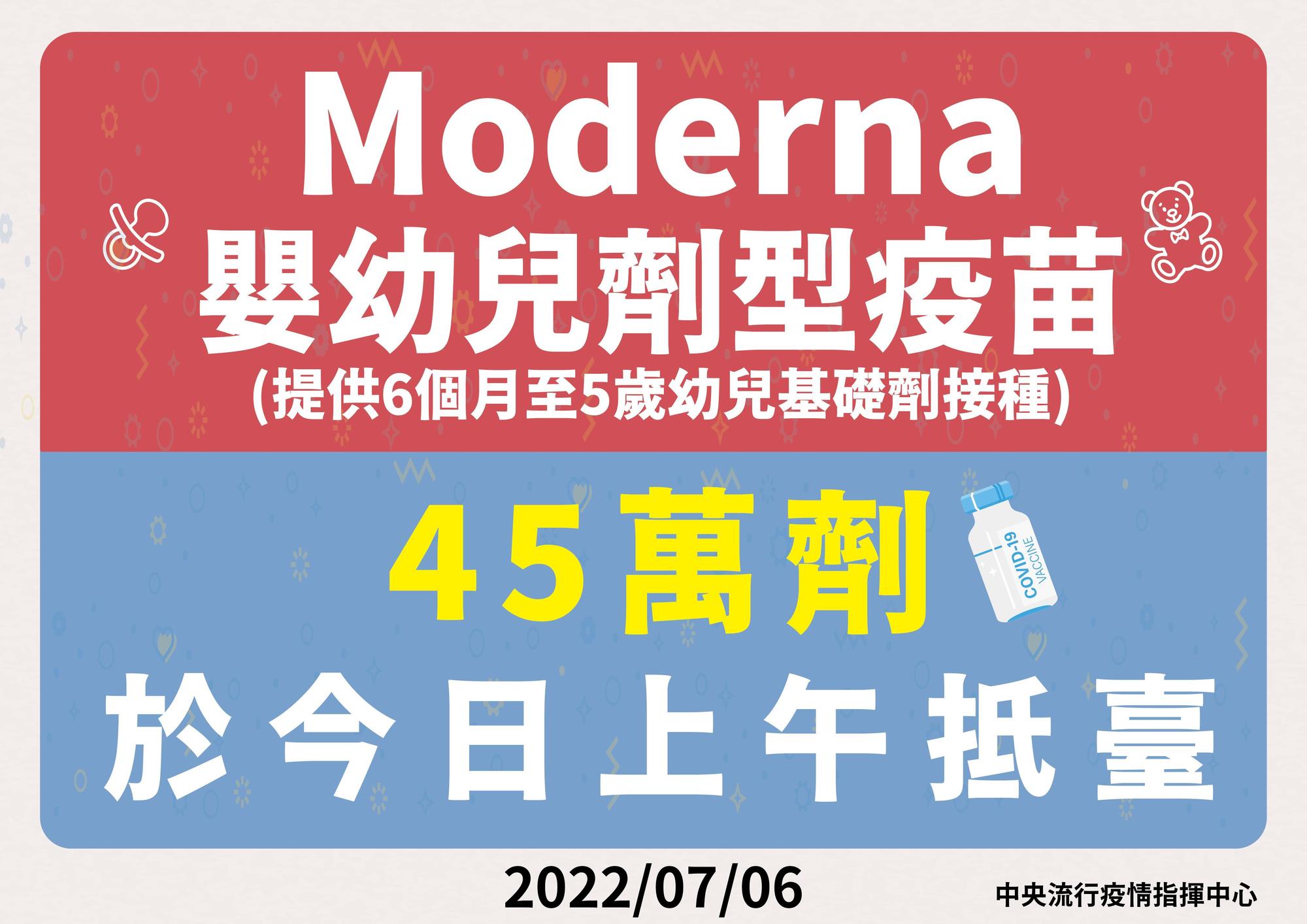 指揮中心宣布，首批幼兒莫德納疫苗45萬劑今日上午已經抵台。（指揮中心提供）