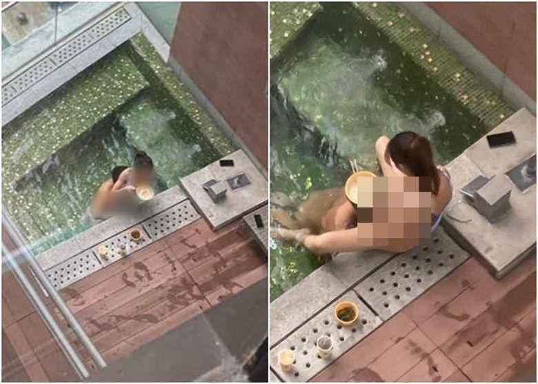 女舉頭吞便當，男低頭「吃下麵」！情侶淫行讓飯店住客嗨了。（翻自《香港討論區》）