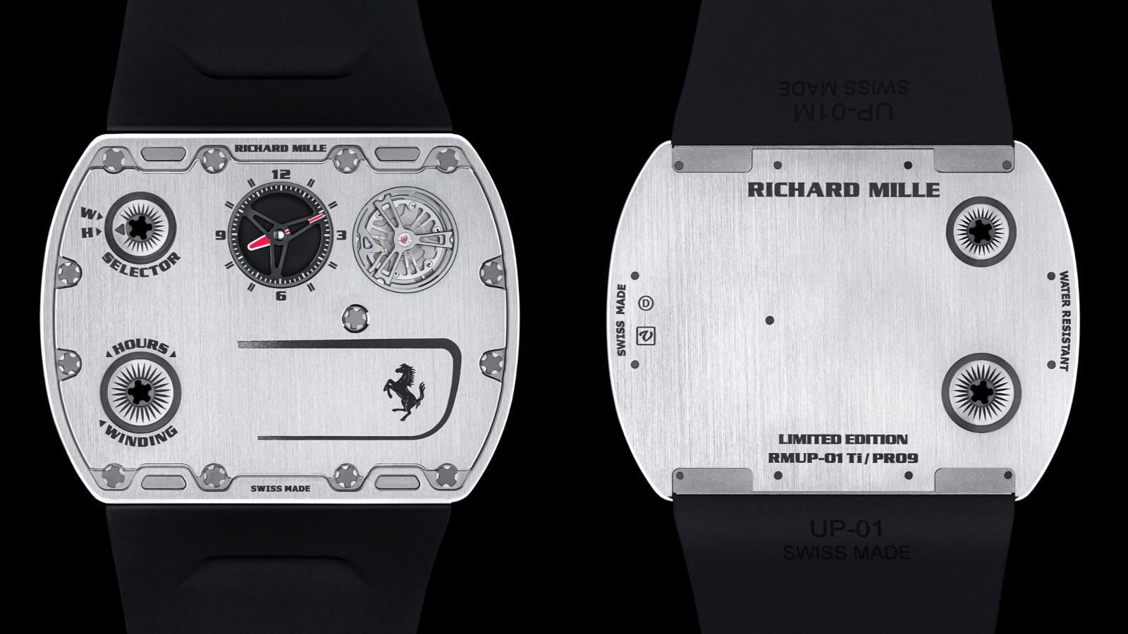 RM UP-01 Ferrari｜錶徑51mmX39mm／鈦合金材質／時、分指示、功能選擇器／RM UP-01手上鏈機芯／動力儲存約45小時／限量150只／定價USD1,888,000（匯率換算約台幣5600萬）
