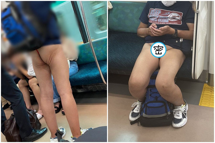 一名男子下身竟然褲子失蹤，穿著一條紅色丁字褲，搭乘JR埼京線電車。（翻攝自推特「takigare3」）