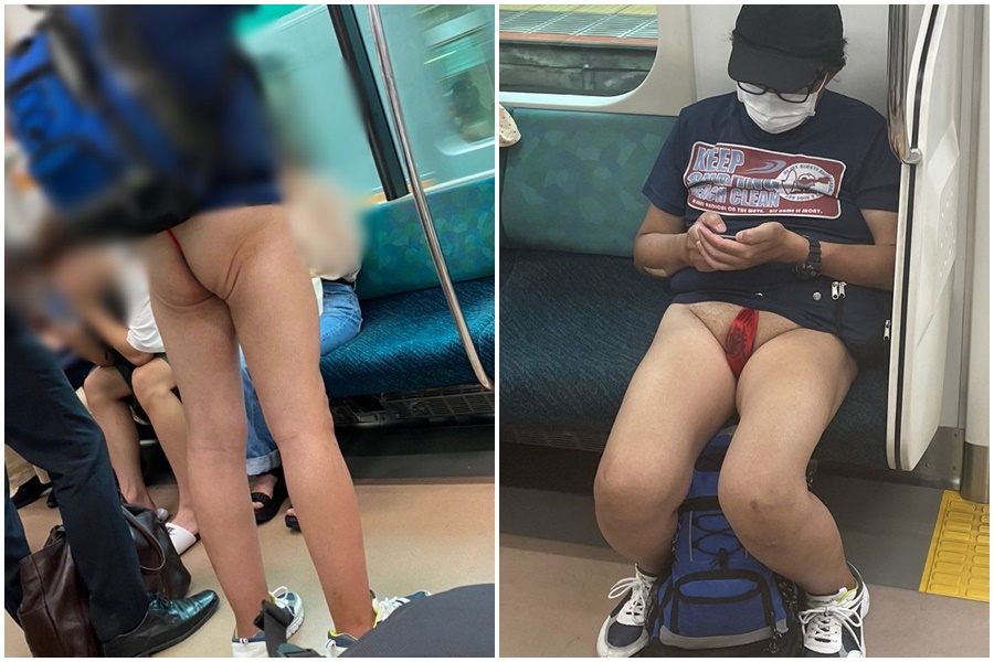 一名男子下身竟然褲子失蹤，穿著一條紅色丁字褲，搭乘JR埼京線電車。（翻攝自推特「takigare3」）