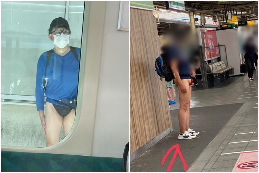 一名男子下身竟然褲子失蹤，穿著一條紅色丁字褲，搭乘JR埼京線電車。（翻攝自推特「takigare3」）