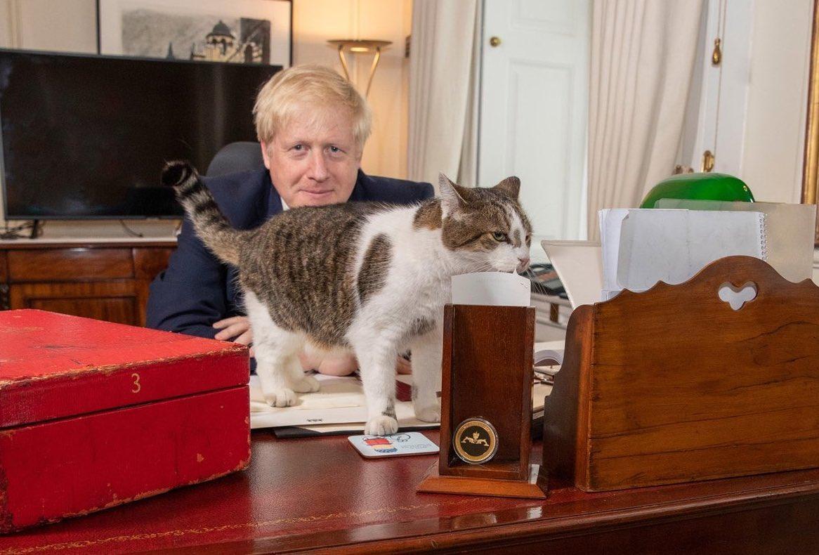 賴瑞(前)終於可以跟強生(後)說再見囉!(翻攝Boris Johnson推特)