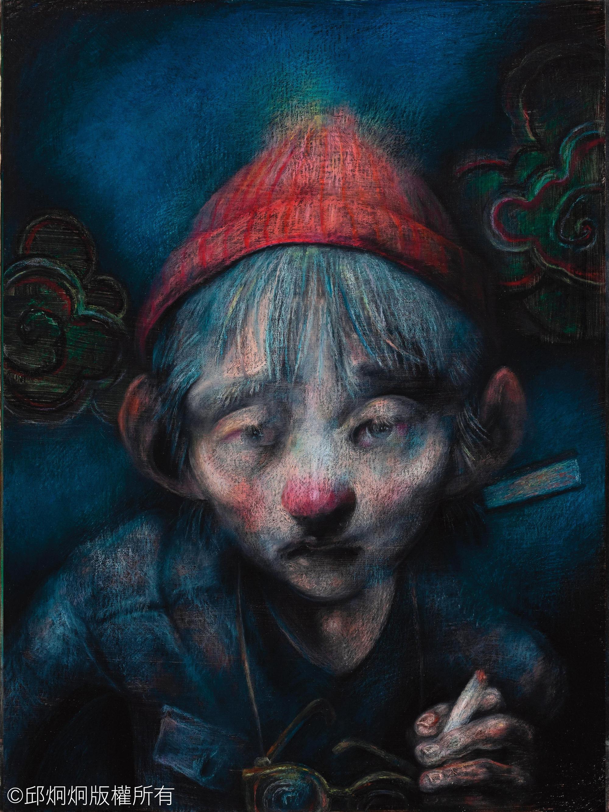 曾是獨立電影節策展人的易思成,在《椒麻堂會》中飾演川劇名丑邱福,邱炯炯以其繪製成肖像畫(圖)。(台北電影節提供)