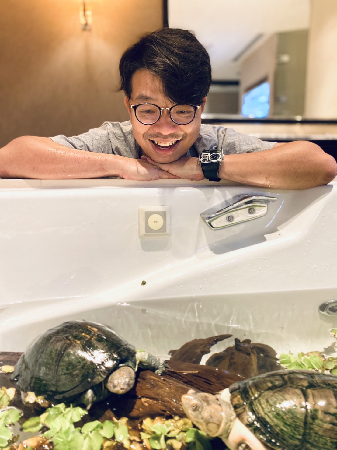 為了讓爸爸媽媽帶小朋友度假之餘，也能寓教於樂，台北君悅酒店邀請到蝌蚪老師把飯店變成博物館，將浴缸化身成果核龜的棲所。（台北君悅飯店提供）