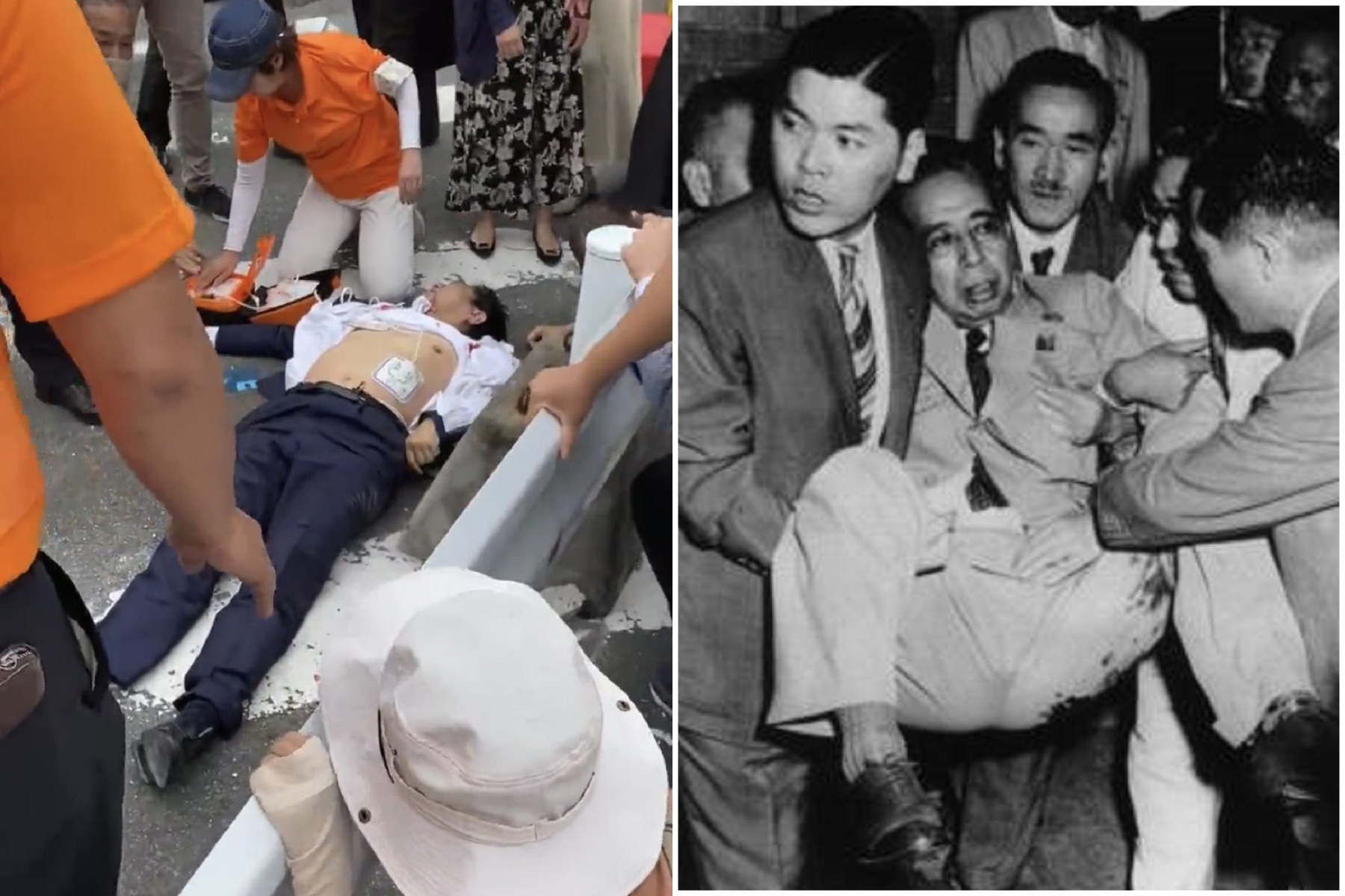 安倍家族難逃暗殺！外公前首相岸信介也曾遇刺（右圖）。（翻自推特）