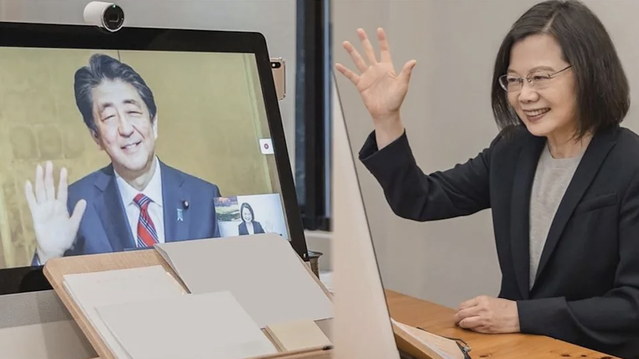 蔡英文（右圖）今年3月才與安倍晉三（左圖）視訊會談。（翻攝總統府YouTube頻道）