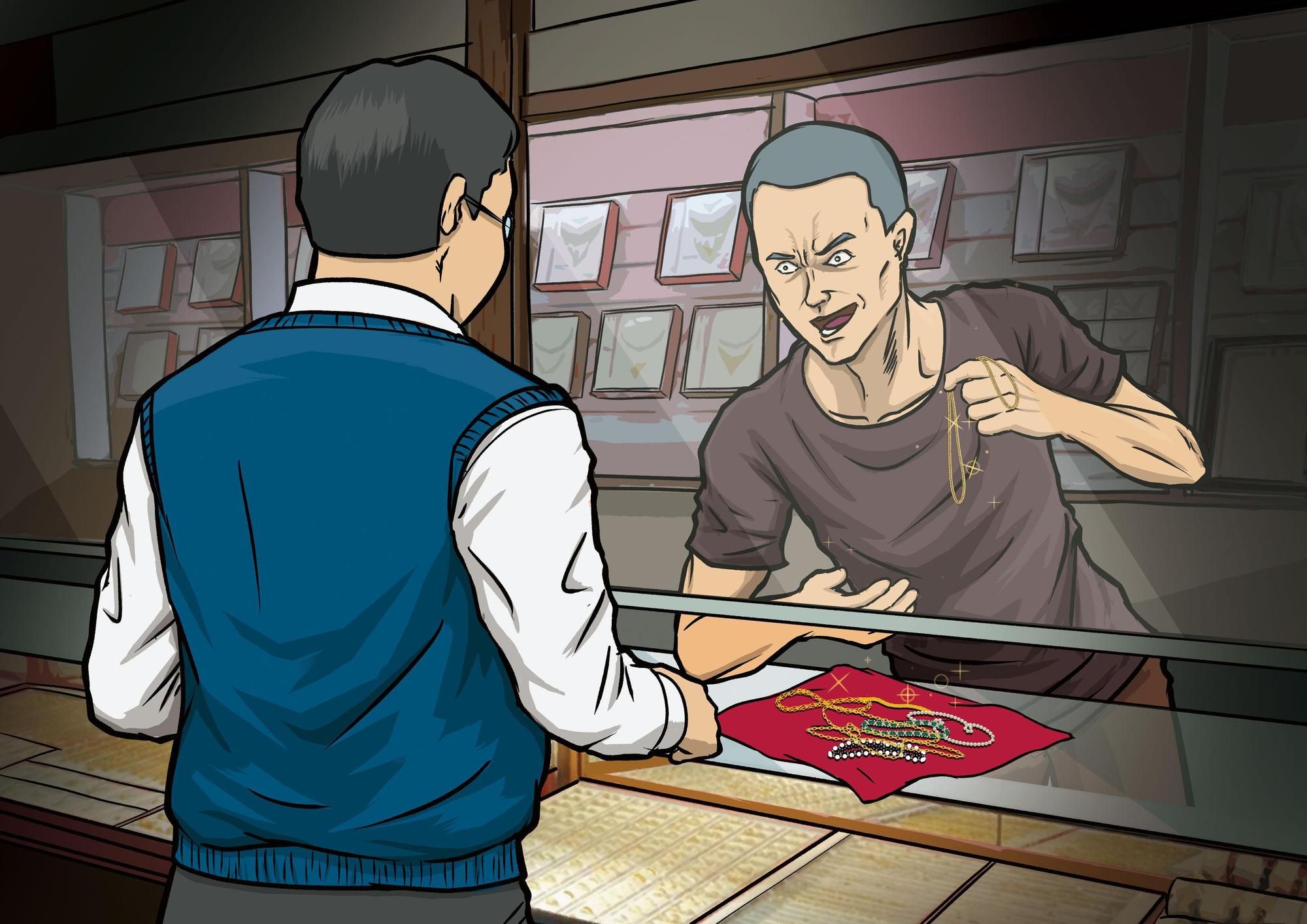 士林之狼禹建忠(右)搶走被害人的金飾後,拿到銀樓典當、換現金。(示意畫面)
