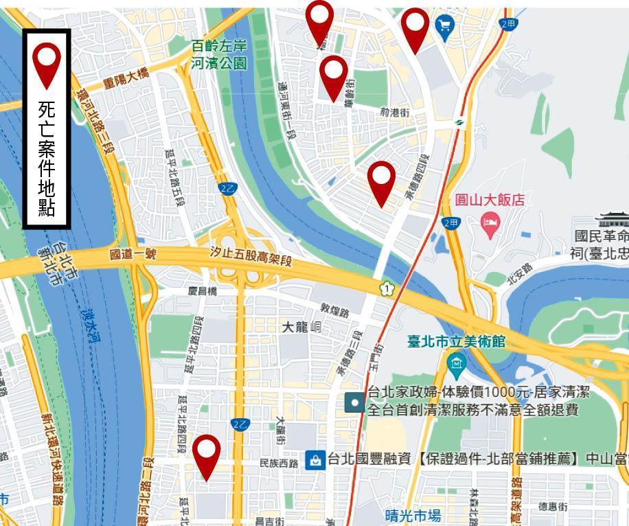 禹建忠犯案的地點包括台北市士林及大同區,共造成5名婦人死亡。 (翻攝Google Maps)