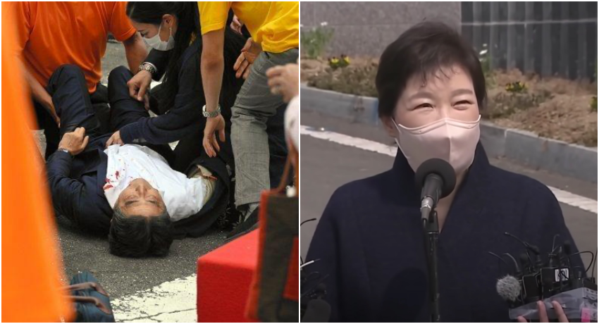 網友翻出前南韓總統朴槿惠出院受訪被丟酒瓶畫面，認為這次事件日本維安人員嚴重失職。（圖左為安倍晉三，取自推特。圖右為朴槿惠，翻攝自YouTube）