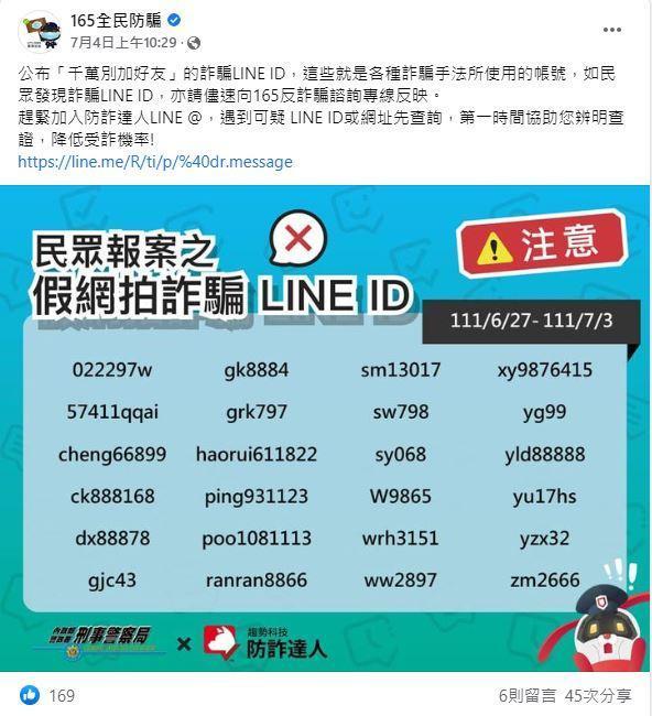 刑事局公布假網拍LINE ID。（刑事局提供）