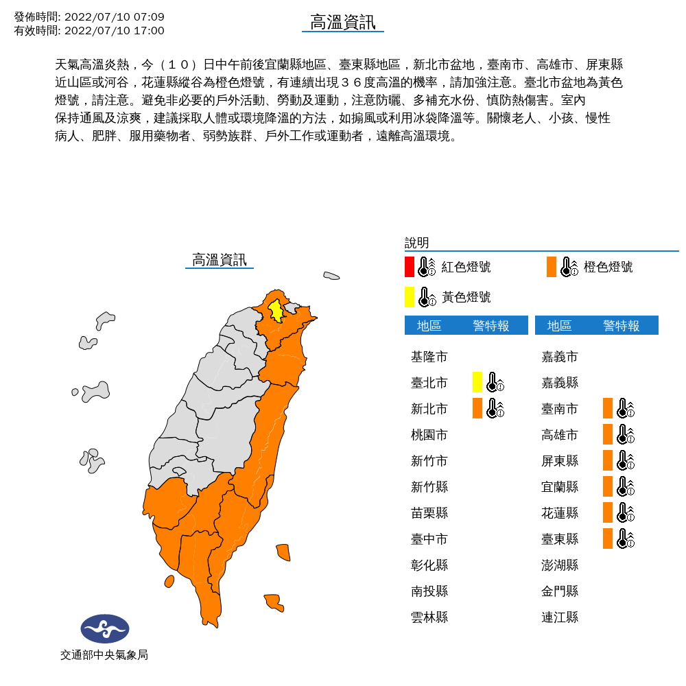 氣象局針對台北市、新北市等9縣市發布高溫資訊，提醒有部分地區將出現連續36度高溫的機率。（中央氣象局提供）