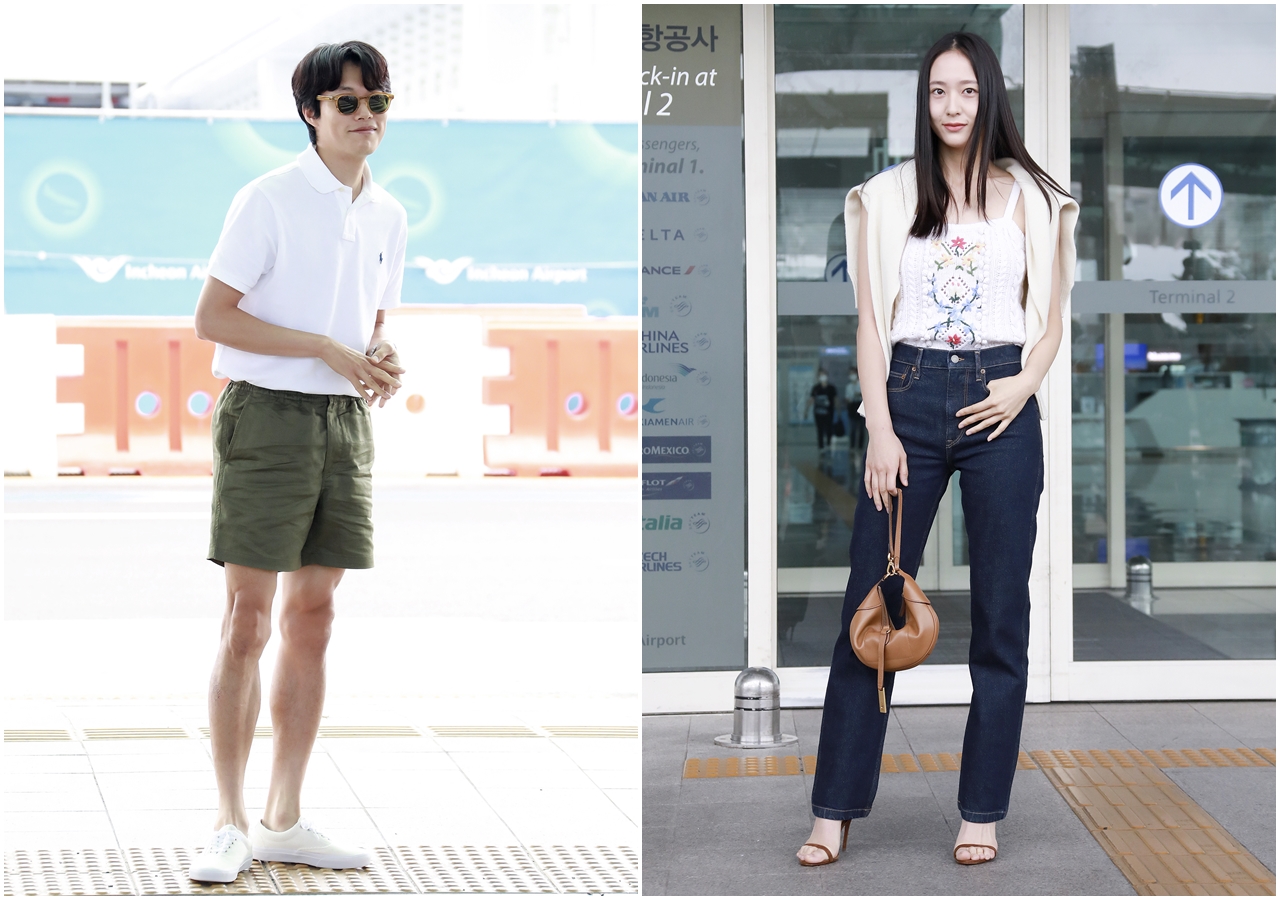 Krystal（右）身穿Polo Ralph Lauren現身仁川國際機場，前往倫敦觀賽溫網2022總決賽；柳俊烈（左）以基本經典的白色Polo衫、軍綠亞麻短褲搭配一雙小白鞋，輕鬆戴上太陽眼鏡就是舒服陽光型男的造型。（Polo Ralph Lauren提供）