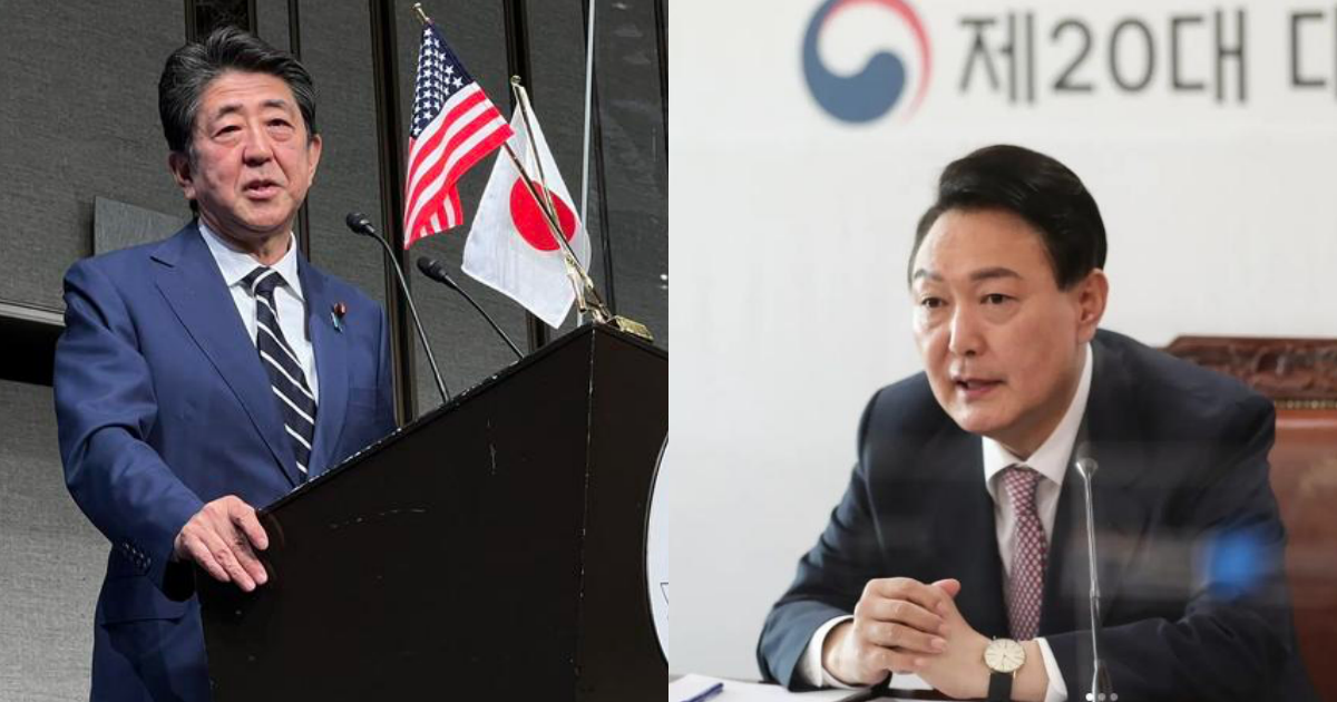 日本前首相安倍晉三（左）8日遇襲身亡，南韓總統尹錫悅（右）雖然未赴日，但派遣國務總理等人親赴日弔唁。（翻攝自推特、尹錫悅IG）