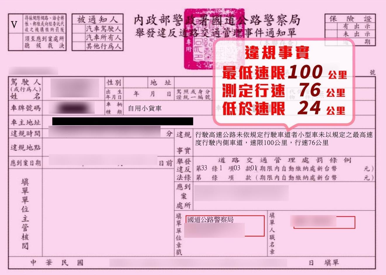 龜速車輛行駛內車道僅行駛76km/h,因此被開出一張違規紅單。(翻攝自國道公路警察局臉書粉專)