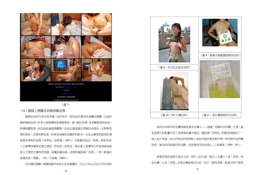 《性與不只是性-網路自拍研究》論文因研究自拍與公共空間裸露，而附上大量露點裸照。（翻攝自臺灣碩博士論文知識加值系統）