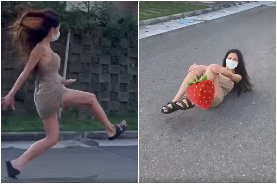 正妹在臉書分享練習滑板的短片，出糗仆街的爆笑畫面吸引超過2萬人朝聖。（翻攝自臉書社團「爆廢公社」）