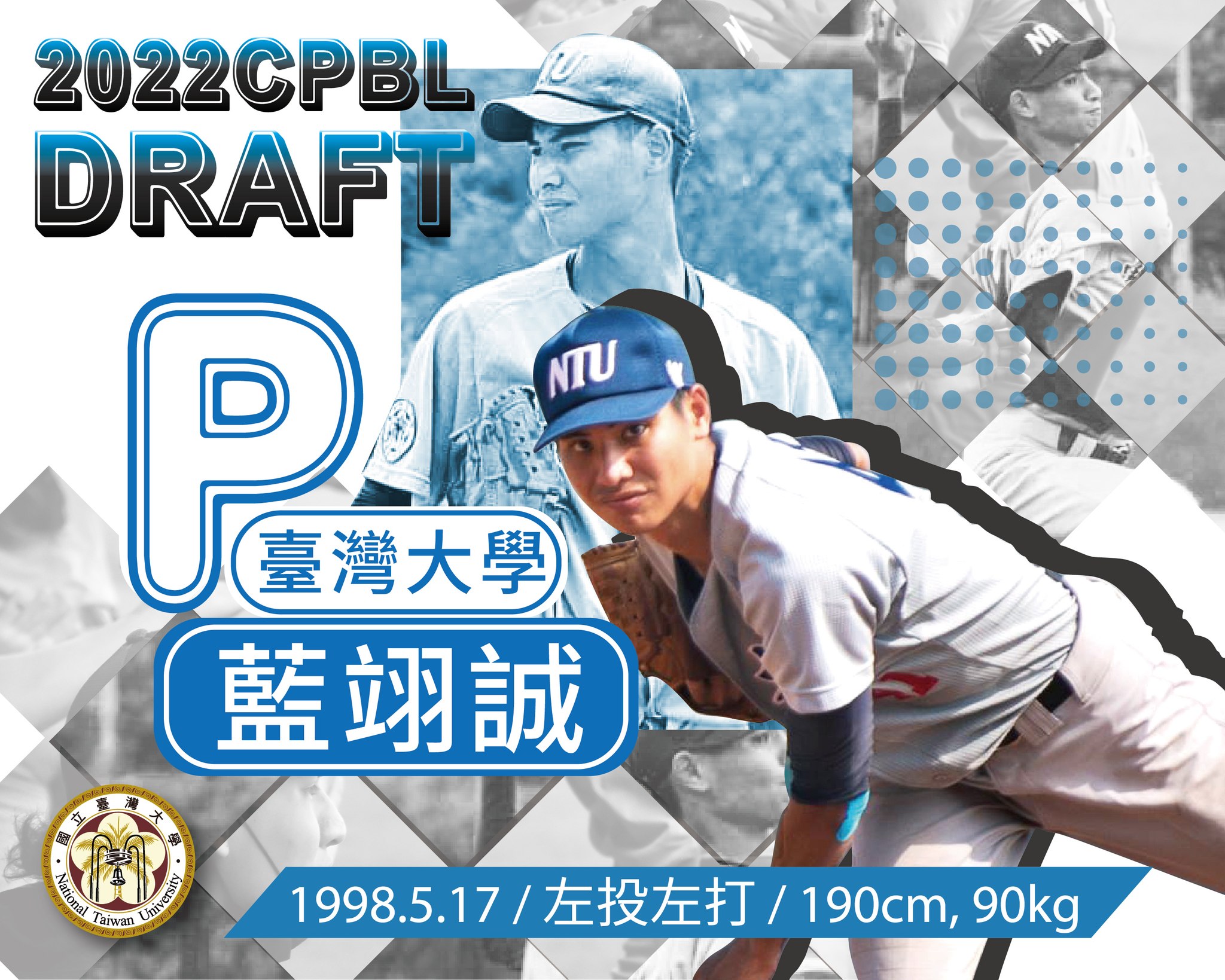 台大畢業的藍翊誠在今年的中職選秀中被味全龍指定。（翻攝自台灣大學臉書）