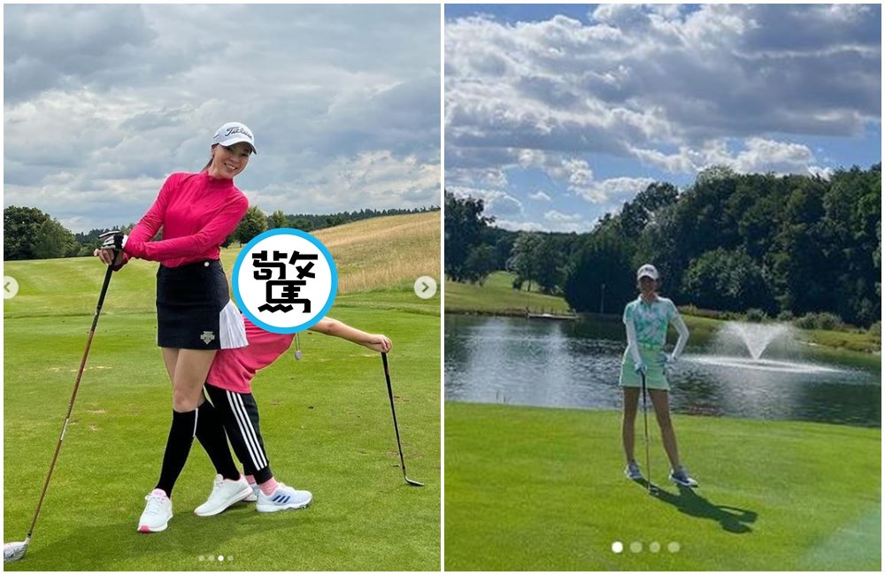 曾馨瑩帶著小女兒QQ打高爾夫球，非常可愛。（翻攝曾馨瑩IG）