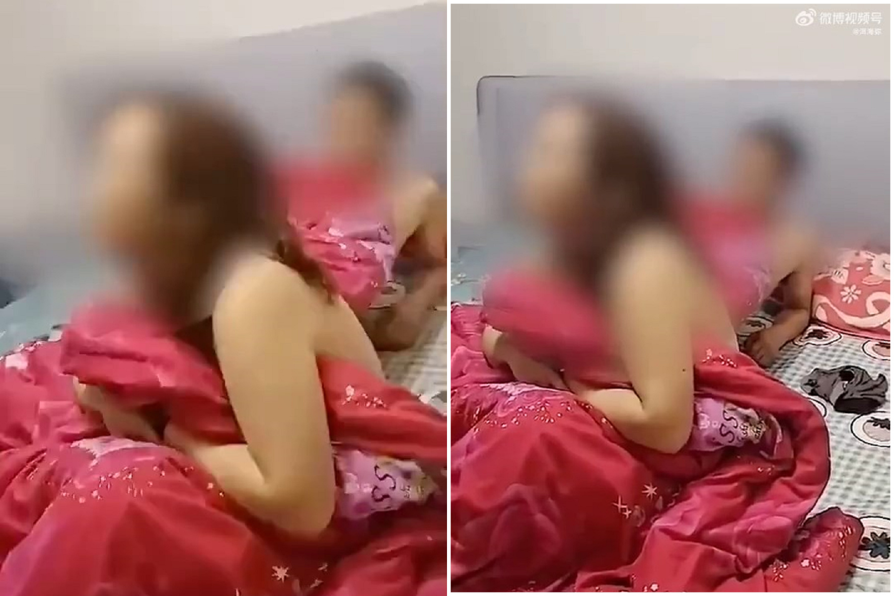 人妻出軌小王被捉姦在床，影片曝光！裸體回嘴綠帽老公超霸氣。（翻自微博）