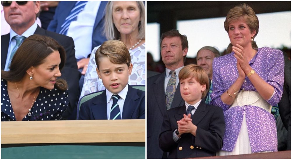 凱特王妃首次帶喬治小王子看溫網（左圖），讓人想起1991年黛妃帶威廉看溫網的場景（右圖）。（翻攝Wimbledon IG、Edwards99Gayle推特）