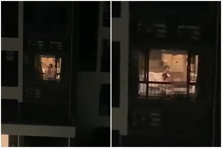 一對男女忘了拉窗簾賣力運動，全程被對面的鄰居看到。（翻攝自爆廢公社）