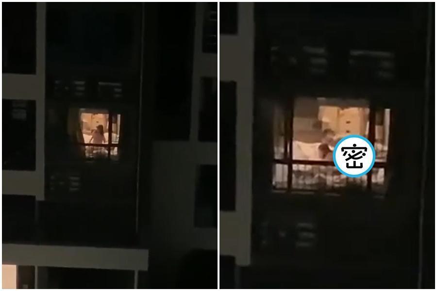 一對男女忘了拉窗簾賣力運動。（翻攝自爆廢公社）