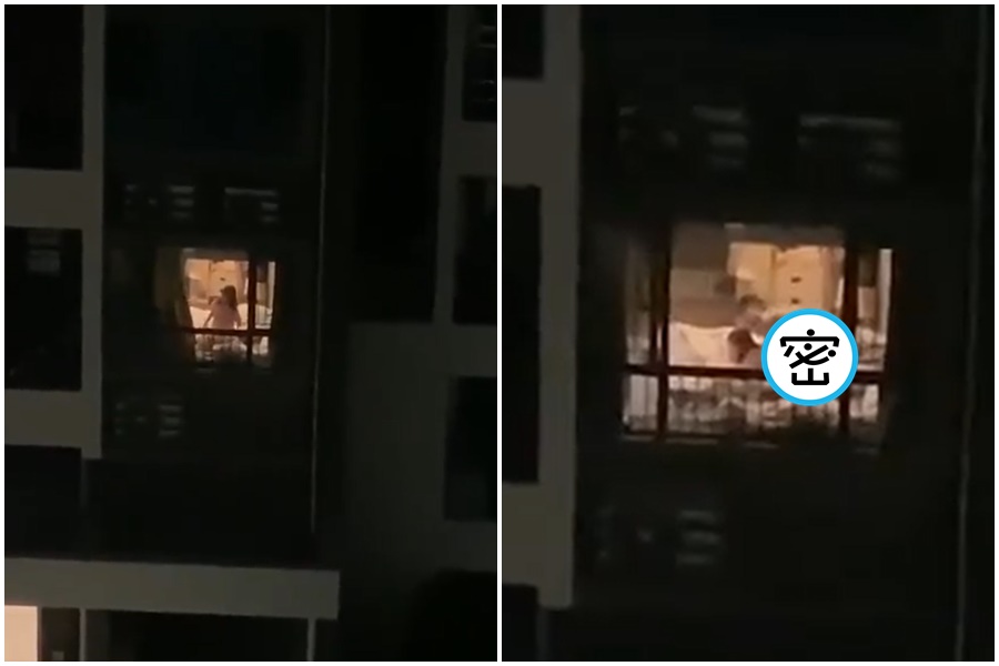 一對男女忘了拉窗簾賣力運動。（翻攝自爆廢公社）