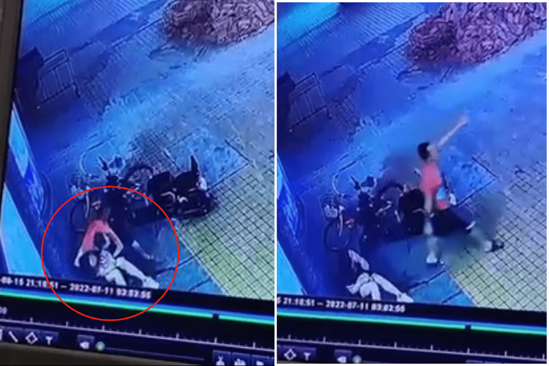 正妹酒醉跌坐路邊，遭變態男當場撿屍猥褻！震撼影片曝光。（翻自微博）