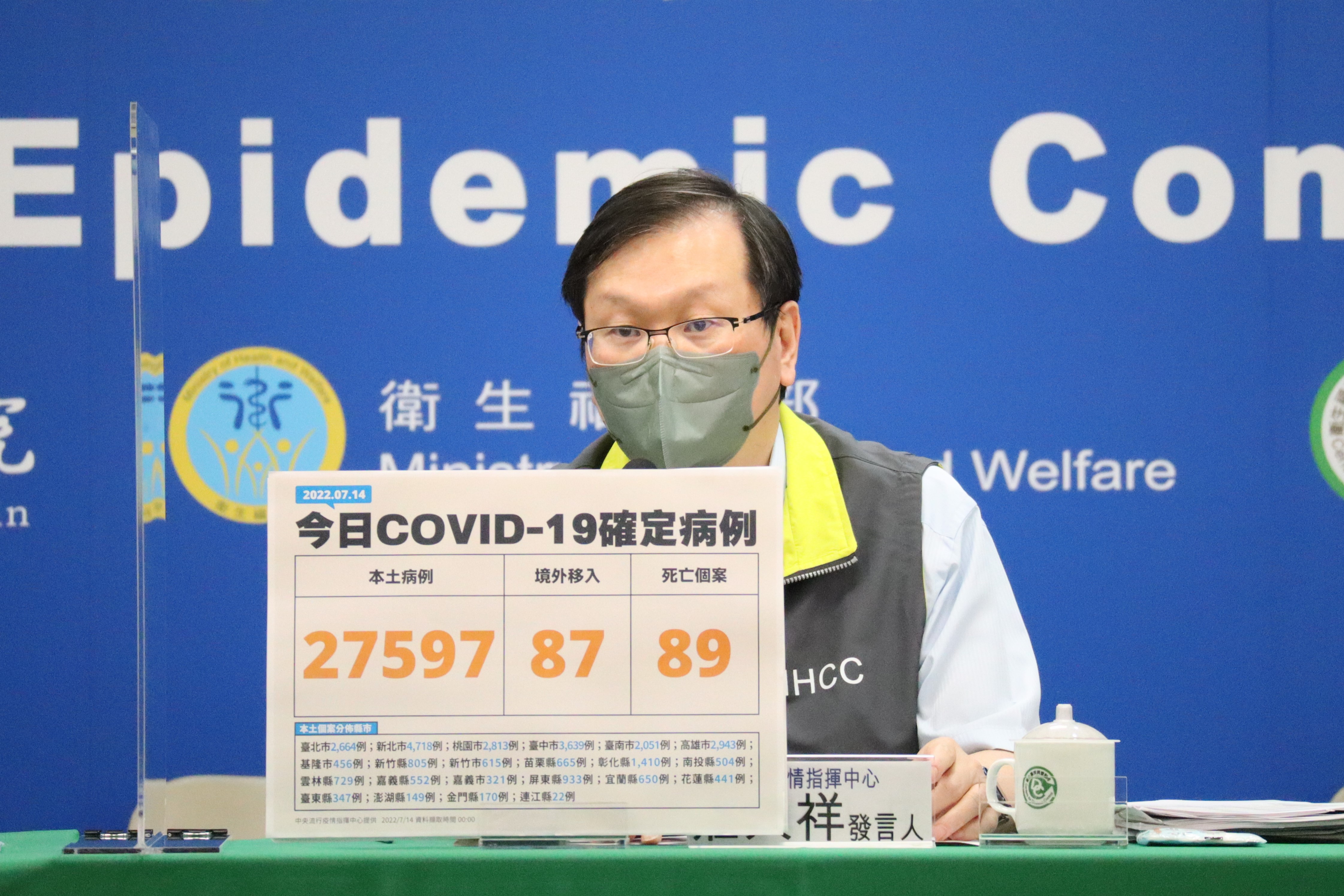 莊人祥以新北市提供的報告，向大眾說明新北2歲童「恩恩」案的相關情況。（指揮中心提供）